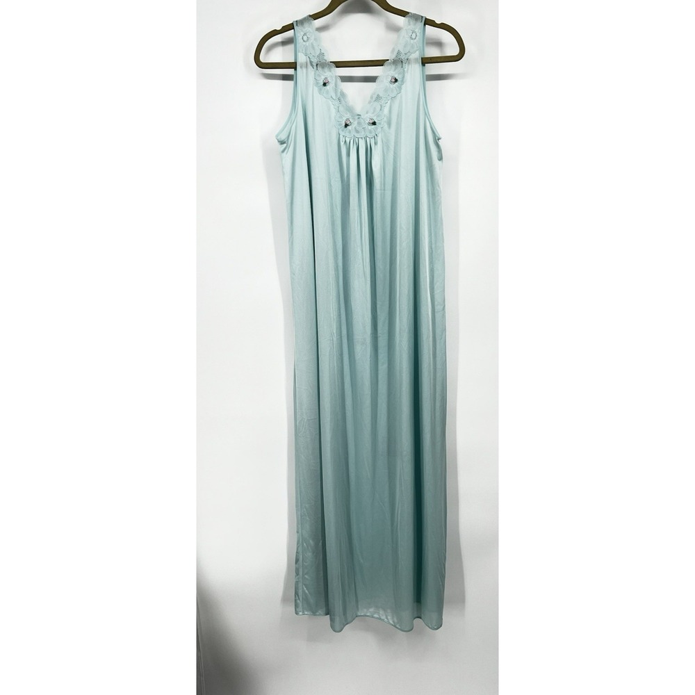 Lorraine Vintage Light Blue Nylon and Lace Sleeveless Nightgown Medium USA Made